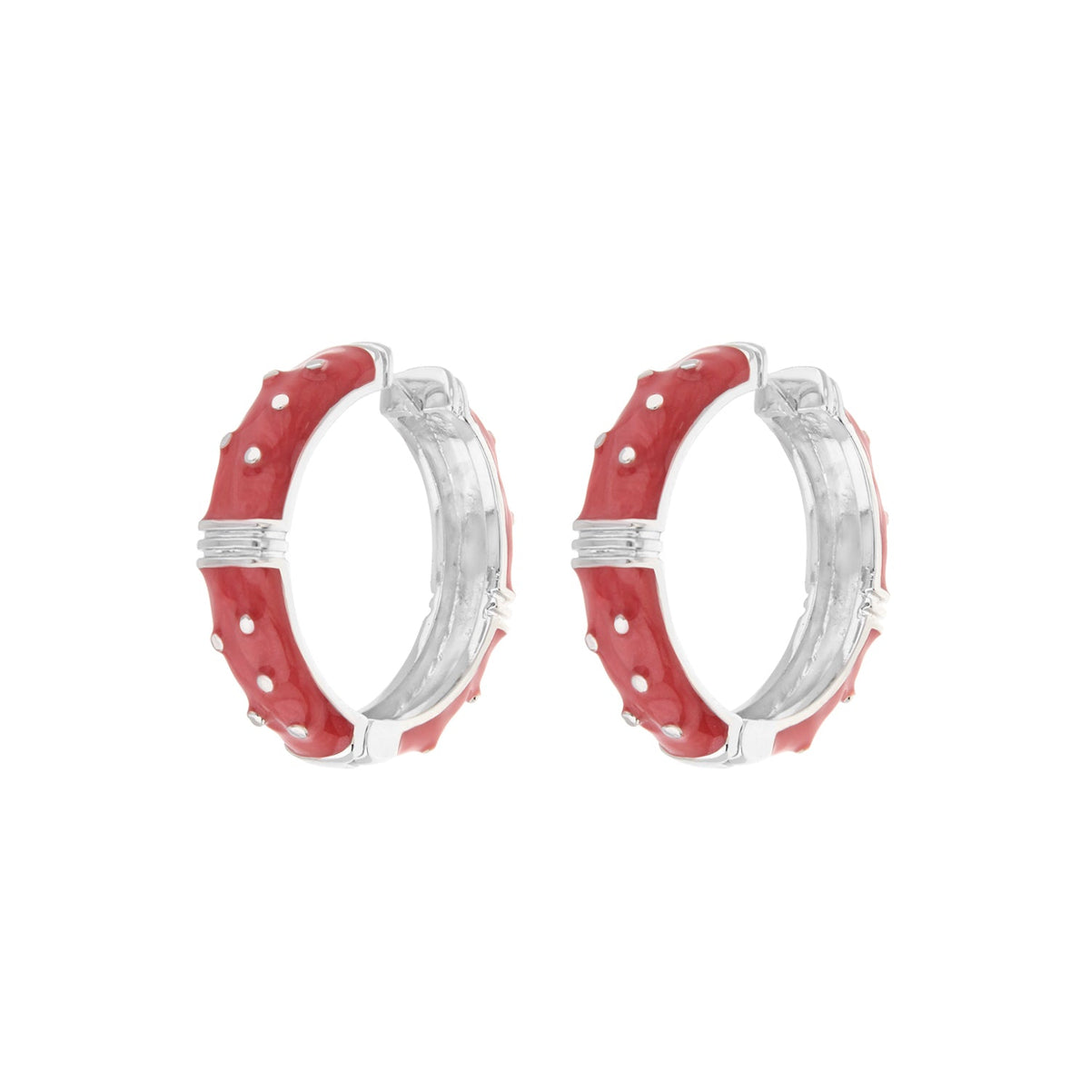Polka Dot Enamel Earrings, red enamel with white dots, silver-tone hoops, Lauren G Adams pair on Tampa Home & Garden Store