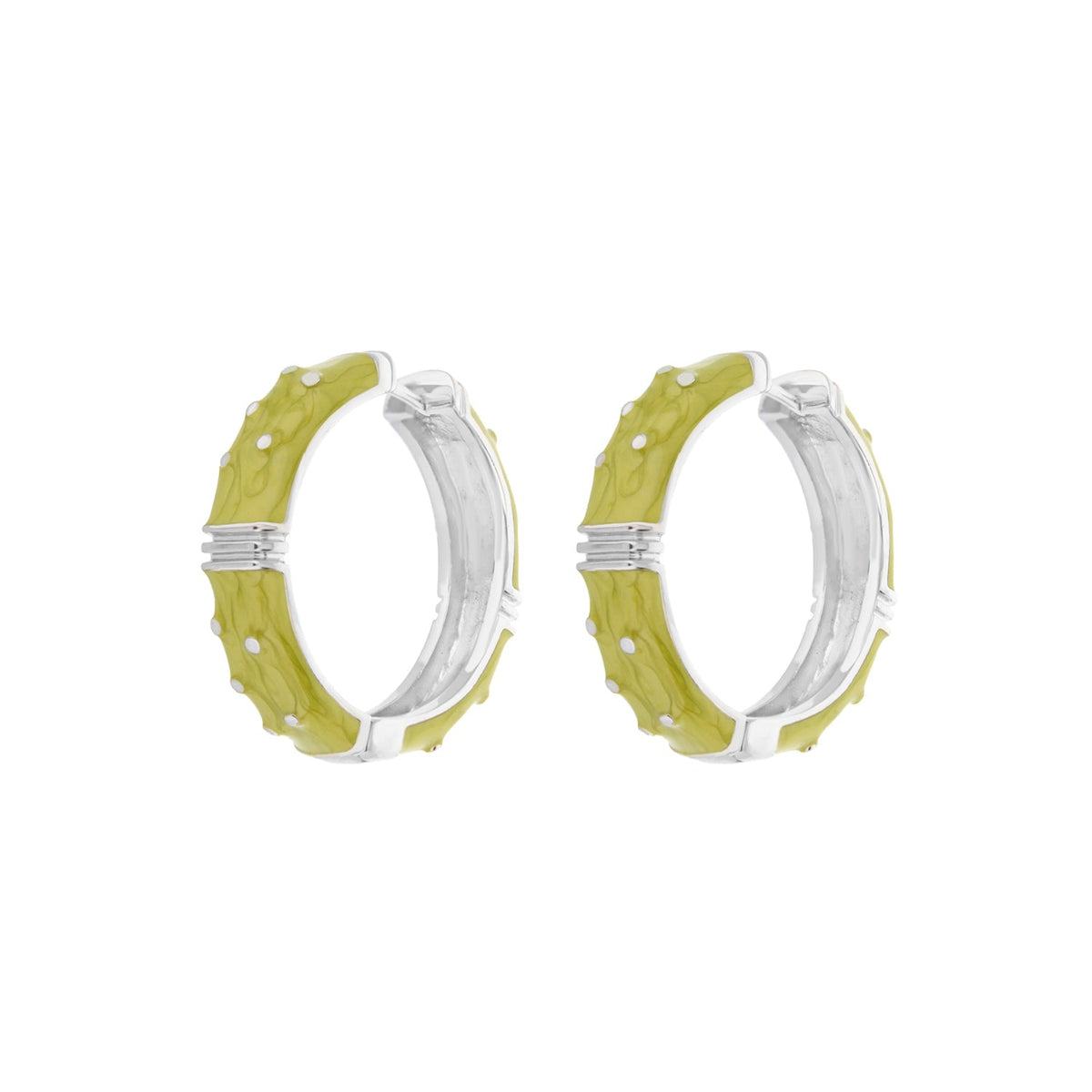 Polka Dot Enamel Earrings by Lauren G Adams, lemon-yellow enamel on silver-tone hoops, pair on Tampa Home & Garden Store