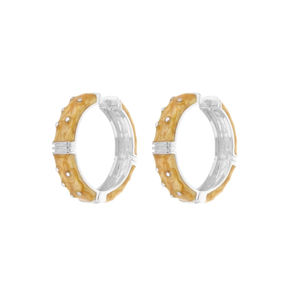 Polka Dot Enamel Earrings by Lauren G Adams, yellow enamel hoops with silver trim on Tampa Home & Garden Store