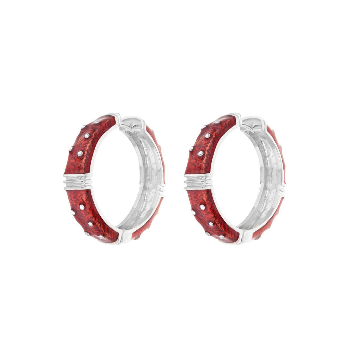 Polka Dot Enamel Earrings by Lauren G Adams, red enamel hoops with silver trim on Tampa Home & Garden Store