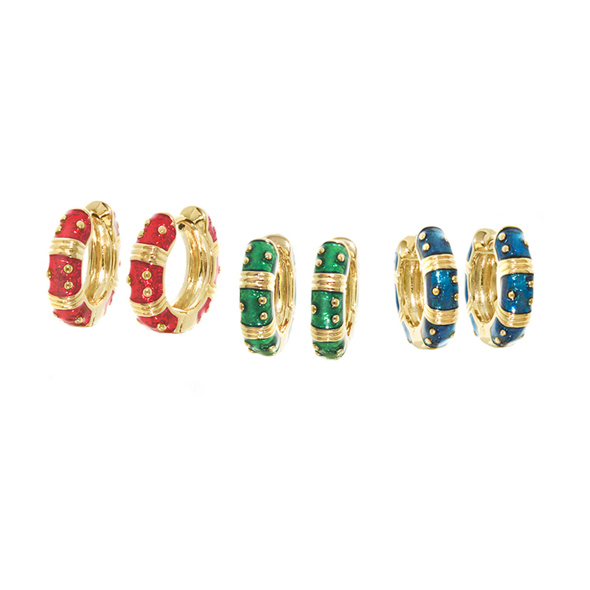 Polka Dot Earring Set — gold hoops in red, green, blue enamel, 6 pairs on Tampa Home & Garden Store