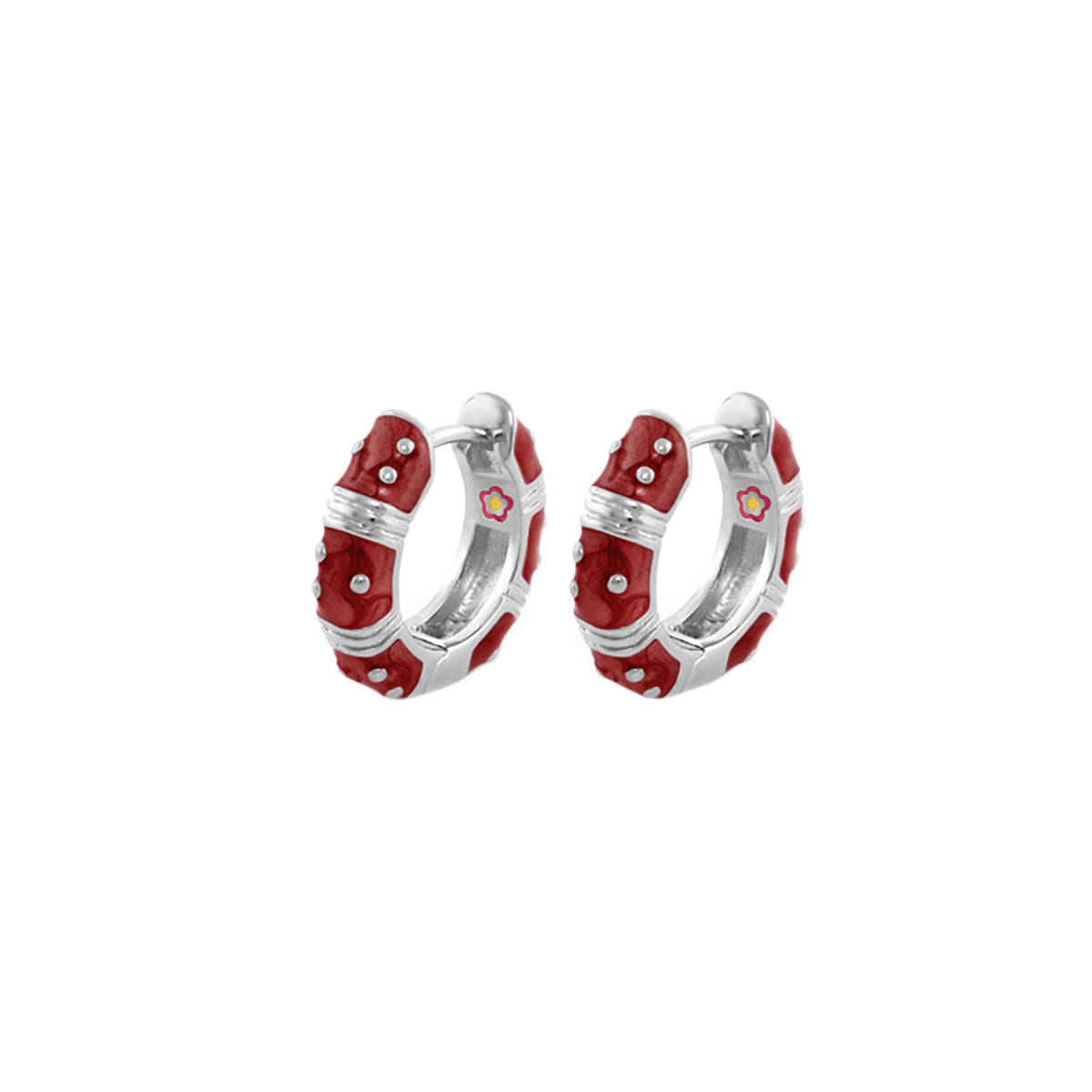 Polka Dot Wide Huggie Earrings by Lauren G Adams, red enamel hoops with silver-tone accents, pair on Tampa Home & Garden Store