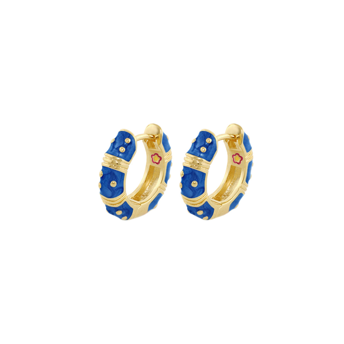 Polka Dot Earrings — Wide Huggie gold-tone hoops with blue enamel, Lauren G Adams pair on Tampa Home & Garden Store