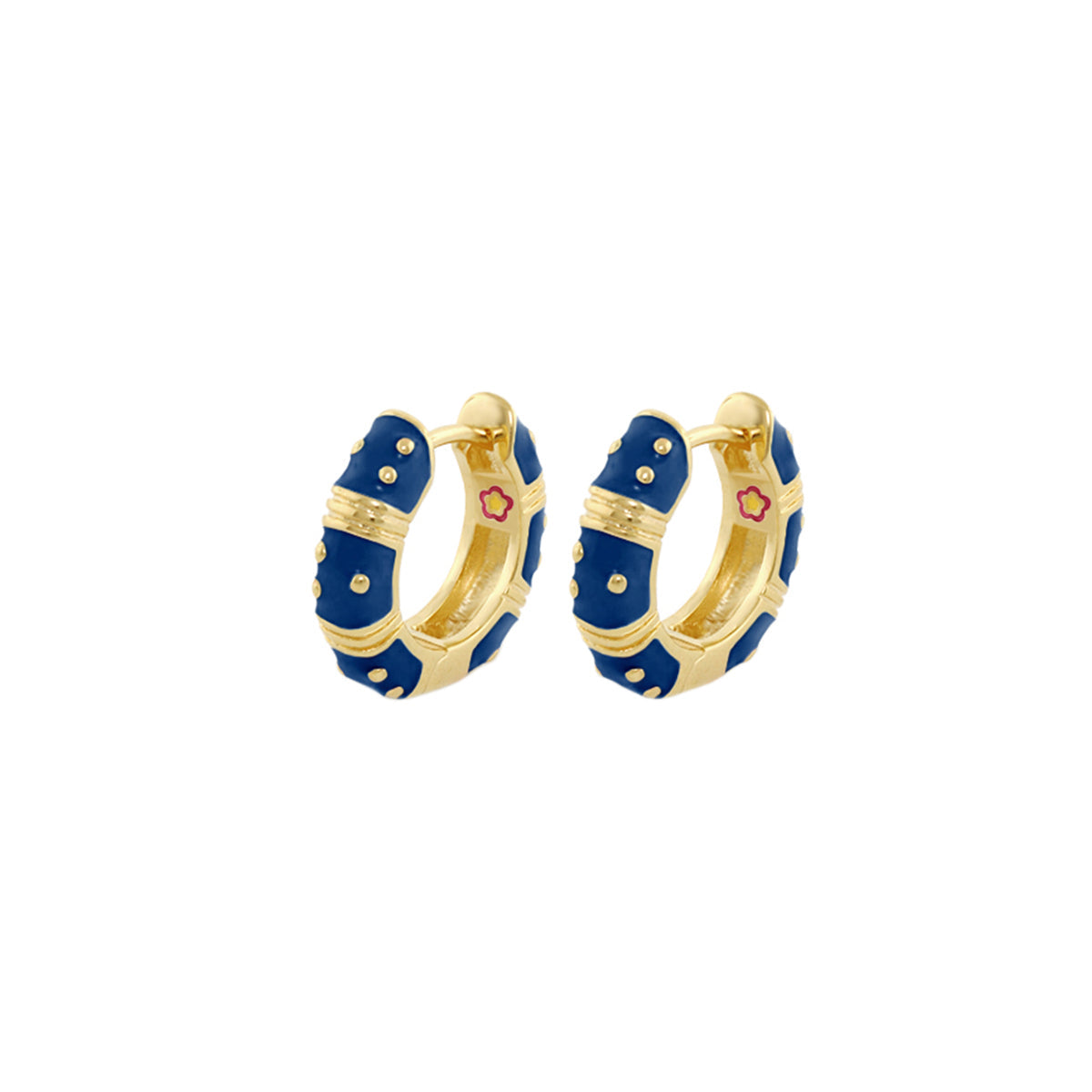 Polka Dot Wide Huggie earrings, blue enamel with gold-tone accents, Lauren G Adams pair on Tampa Home & Garden Store