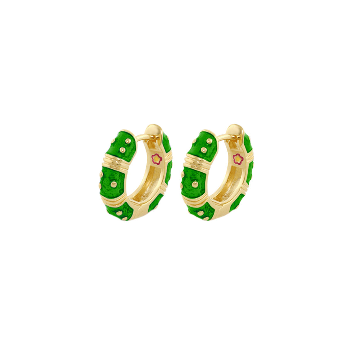 Polka Dot Wide Huggie earrings pair gold-tone hoops with green enamel segments on Tampa Home & Garden Store