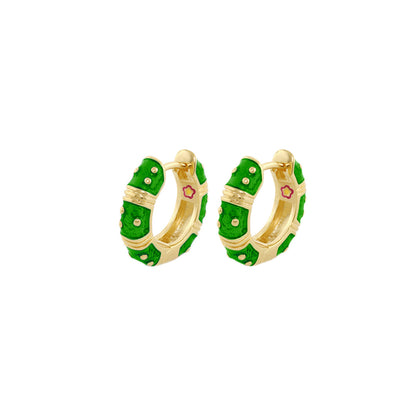 Polka Dot Wide Huggie earrings pair gold-tone hoops with green enamel segments on Tampa Home & Garden Store