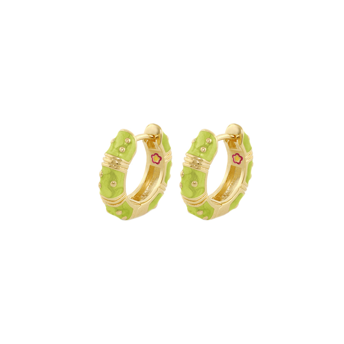 Polka Dot Wide Huggie Earrings in lime green enamel with gold-tone hoops and pink flower accent on Tampa Home & Garden Store