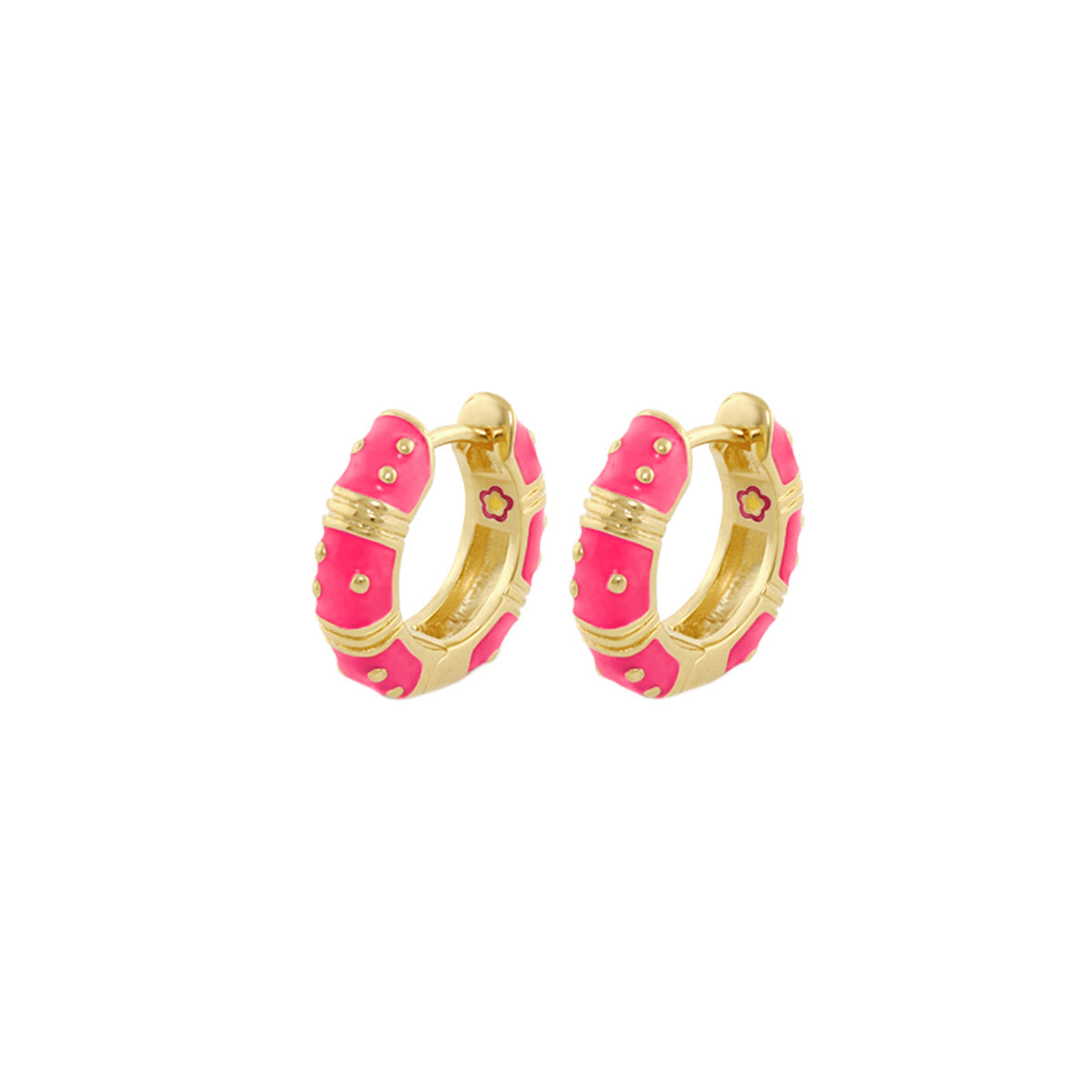 Polka Dot wide huggie earrings by Lauren G Adams, gold-tone pink enamel accents, pair on Tampa Home & Garden Store