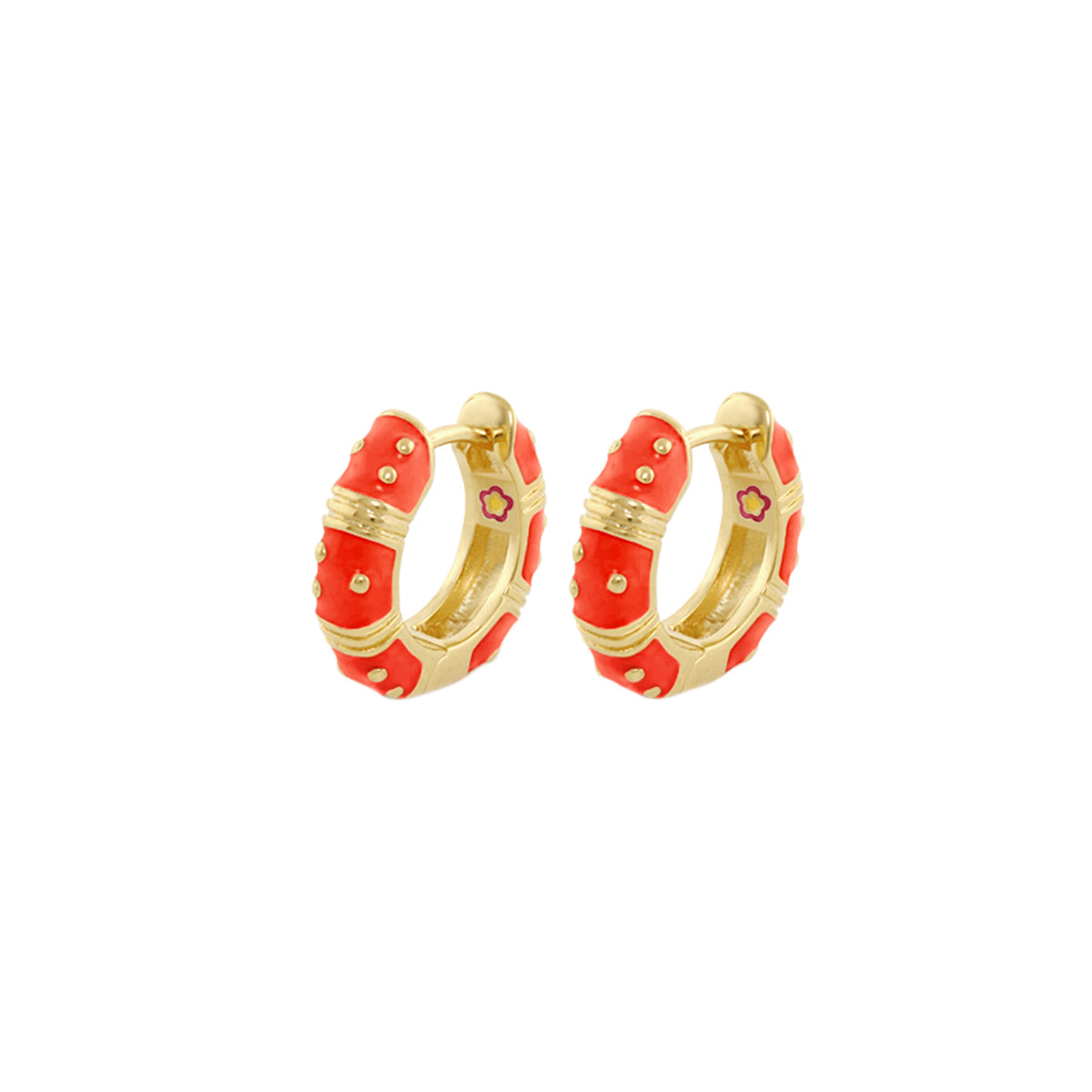 Polka Dot Wide Huggie Earrings, Lauren G Adams, red-orange enamel with gold-tone hoops (2) on Tampa Home & Garden Store