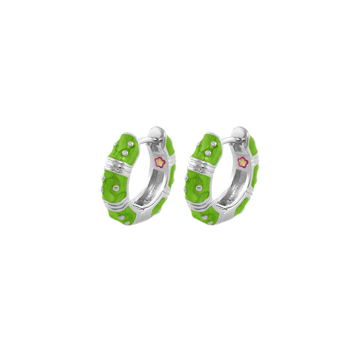 Polka Dot Earrings Wide Huggie, lime green enamel with silver-tone bands, Lauren G Adams pair on Tampa Home & Garden Store