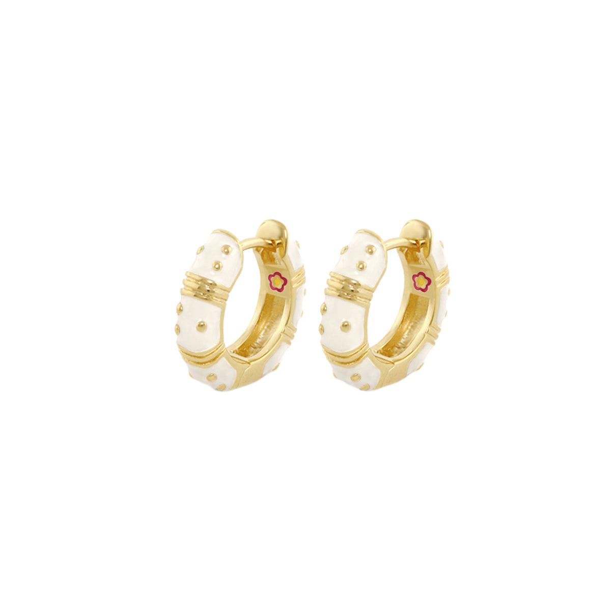 Polka Dot Earrings Wide Huggie hoops gold with white enamel polka dots, Lauren G Adams, set of 2 on Tampa Home & Garden Store