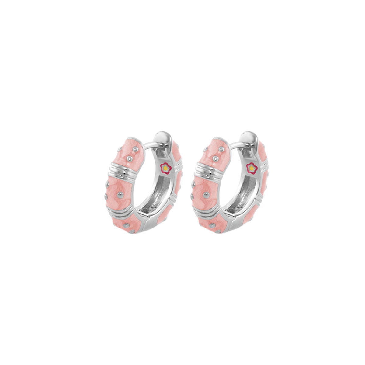 Polka dot wide huggie earrings pink enamel with silver bands pair Lauren G Adams on Tampa Home & Garden Store