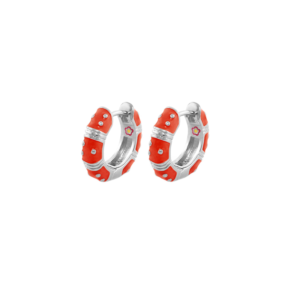 Polka Dot Earrings Wide Huggie pair in orange enamel on silver with flower accent Lauren G Adams on Tampa Home & Garden Store