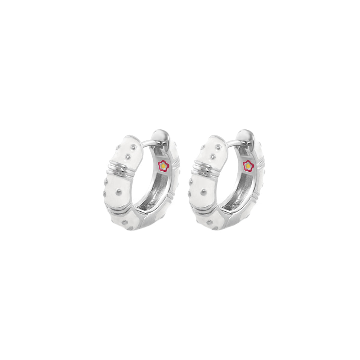 Polka Dot Wide Huggie Earrings, pair of silver hoops with white enamel dots by Lauren G Adams on Tampa Home & Garden Store