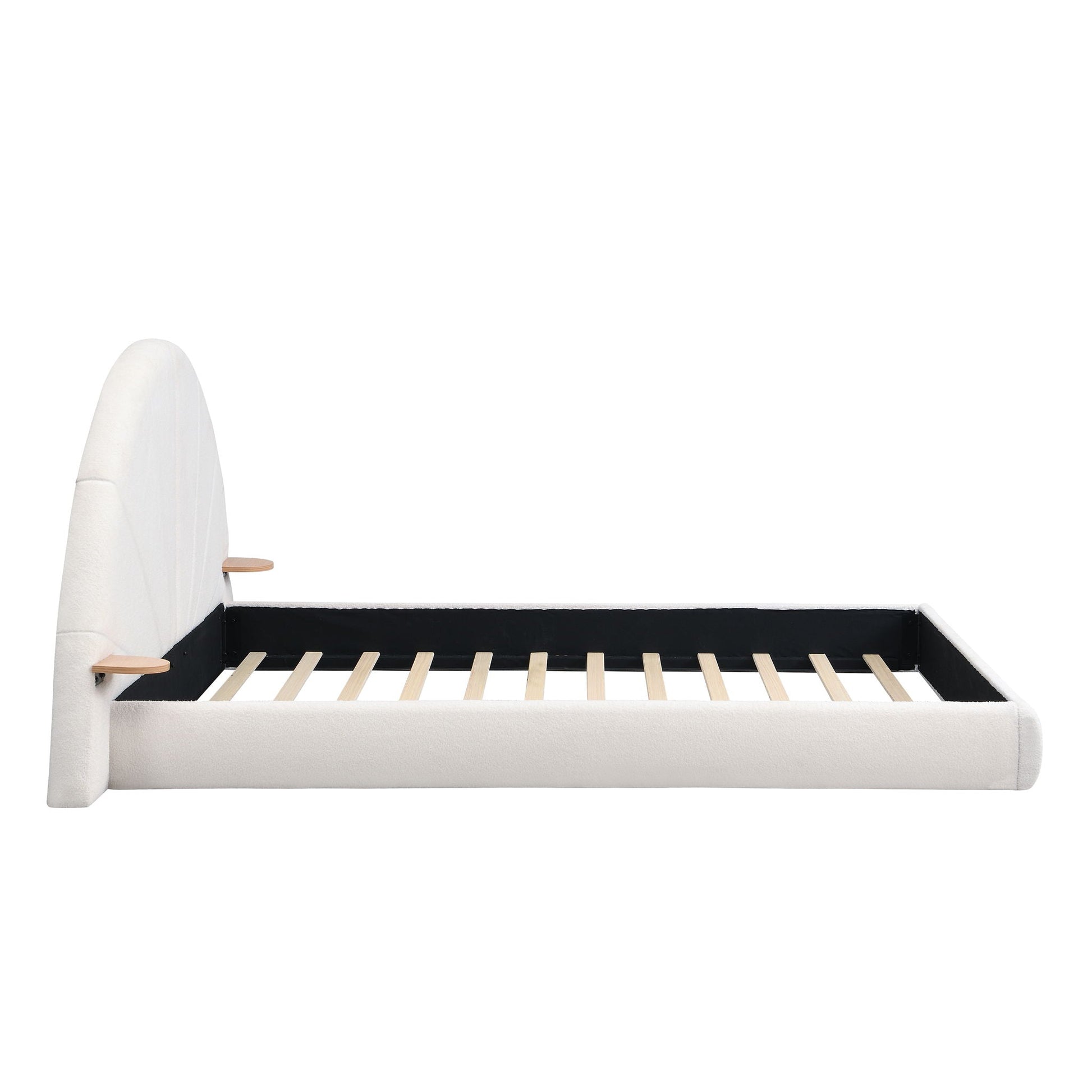 Queen arched beige upholstered bed with small side tables and wooden slats by HouseOfZazla on Tampa Home & Garden Store