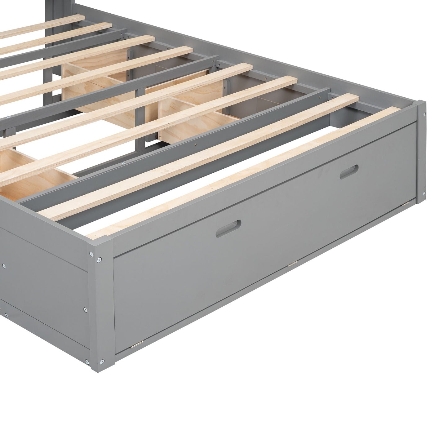 Platform bed with 4 under-bed drawers and wooden slat frame in gray finish on Tampa Home & Garden Store