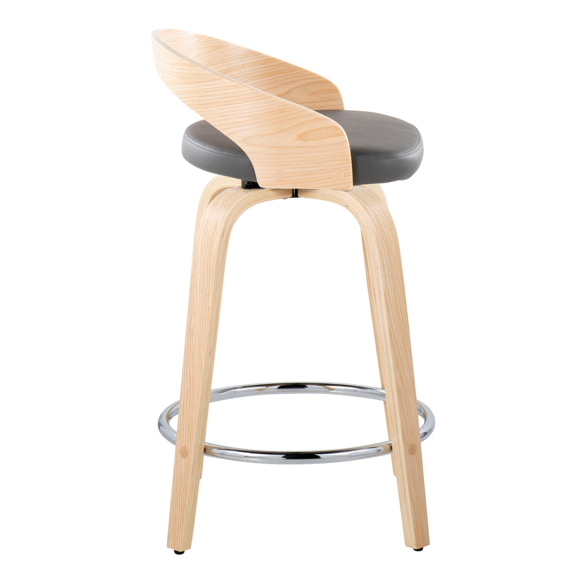 Contemporary counter stool set with wood legs, dark gray cushioned seat and chrome footrest on Tampa Home & Garden Store