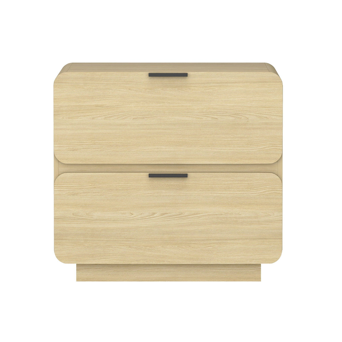 Chrystie two-drawer nightstand in light brown wood with black handles on Tampa Home & Garden Store