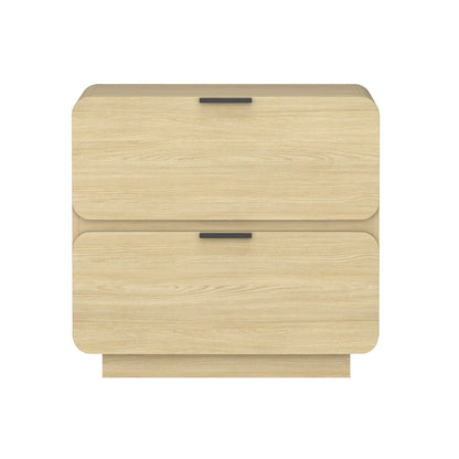 Chrystie two-drawer nightstand in light brown wood with black handles on Tampa Home & Garden Store