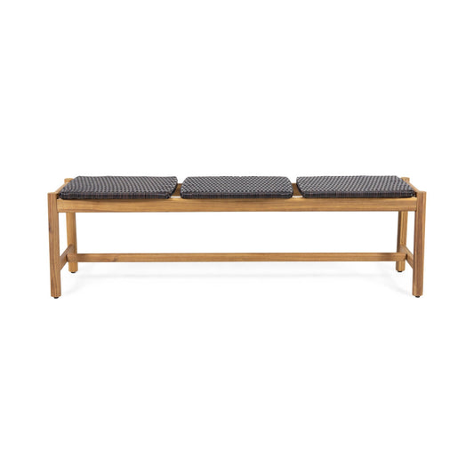 Cambria Rustic 3 Seater Bench Teak with three dark woven cushions outdoor bench on Tampa Home & Garden Store