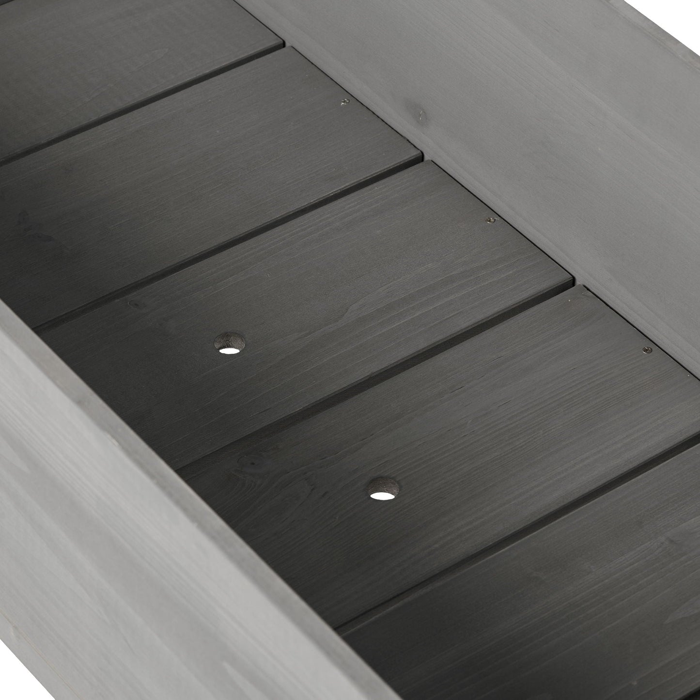 Raised garden bed with legs in dark gray wood, elevated planter box with visible screws on Tampa Home & Garden Store