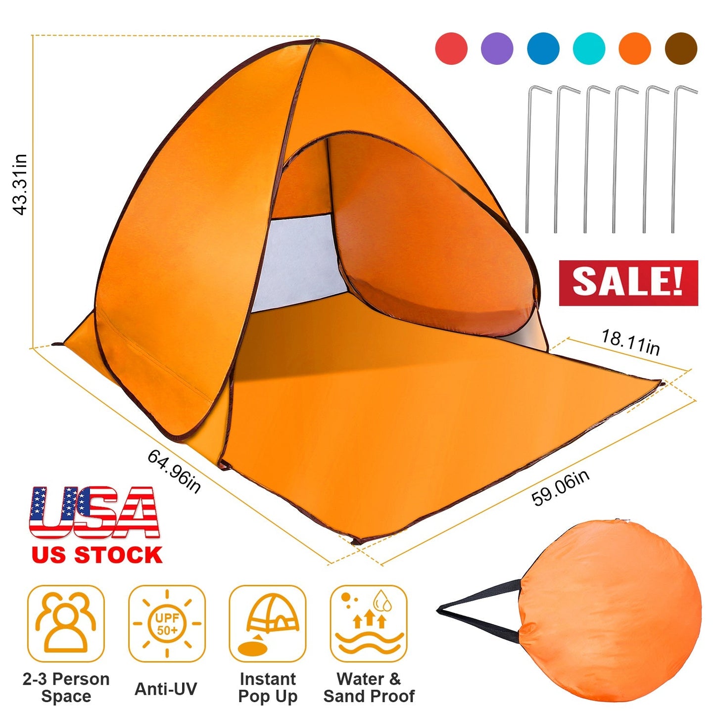 GemGear pop-up beach tent orange instant sun shade shelter anti-UV waterproof for 2-3 people on Tampa Home & Garden Store