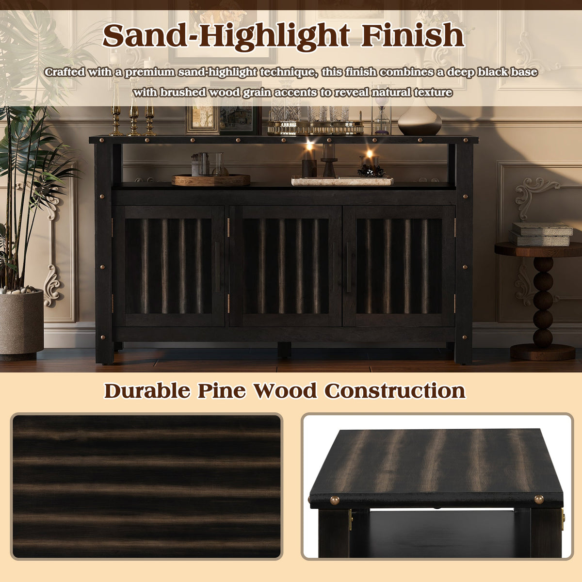 Three-door pine wood buffet cabinet with storage in dark finish by HouseOfZazla on Tampa Home & Garden Store