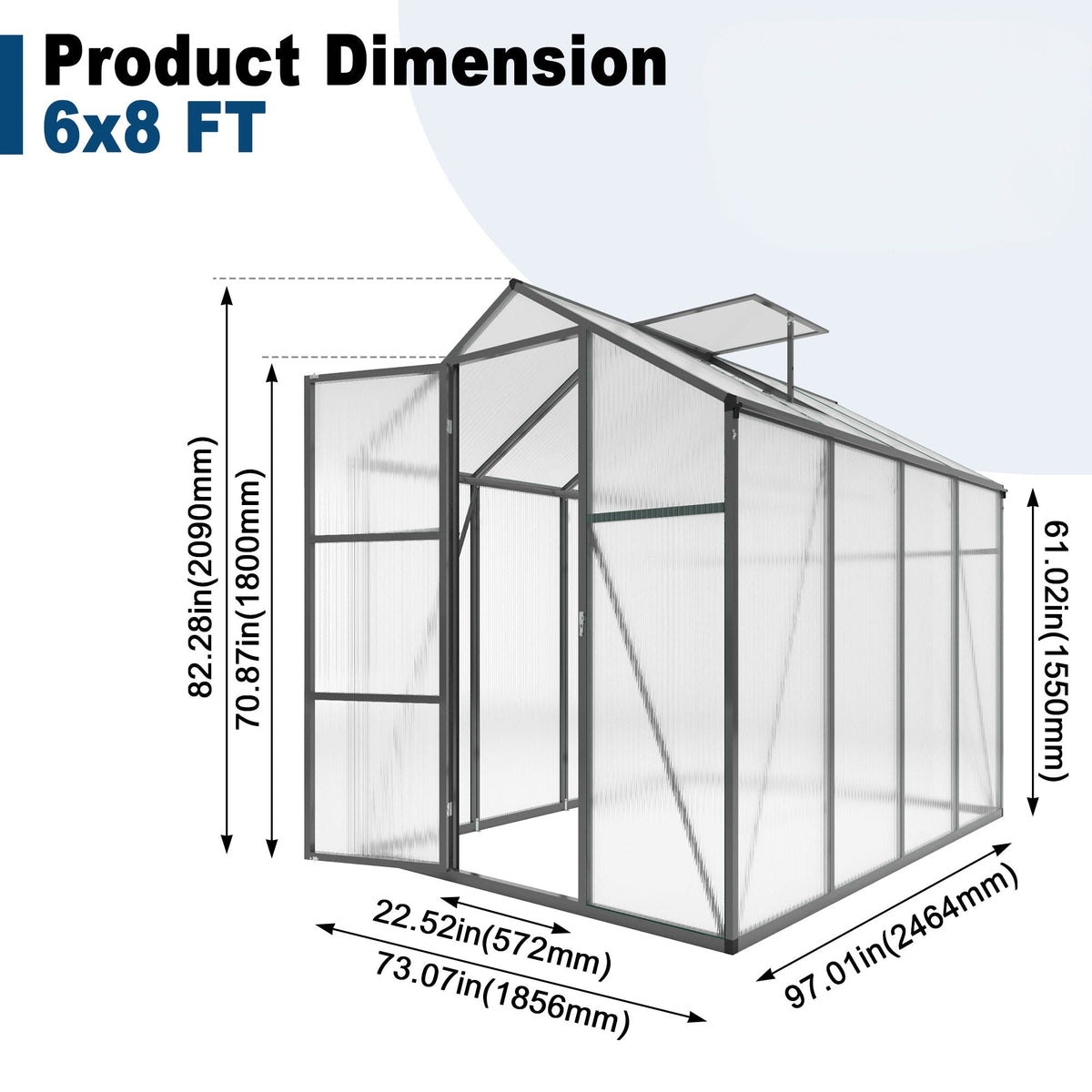Windproof greenhouse with raised base, black frame and polycarbonate panels, 6x8 ft on Tampa Home & Garden Store