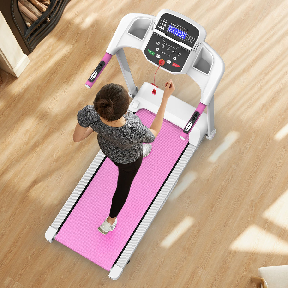Foldable Treadmill 2.5HP motor, white with pink accents, HouseOfZazla for home use on Tampa Home & Garden Store
