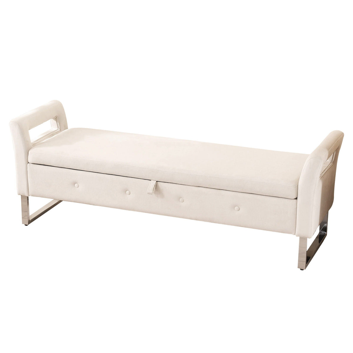 Wide storage ottoman bench with armrests in cream fabric, chrome legs on Tampa Home & Garden Store