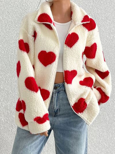 Stevvex heart-print zip-up fleece jacket for girls, white fluffy fabric with red hearts on Tampa Home & Garden Store