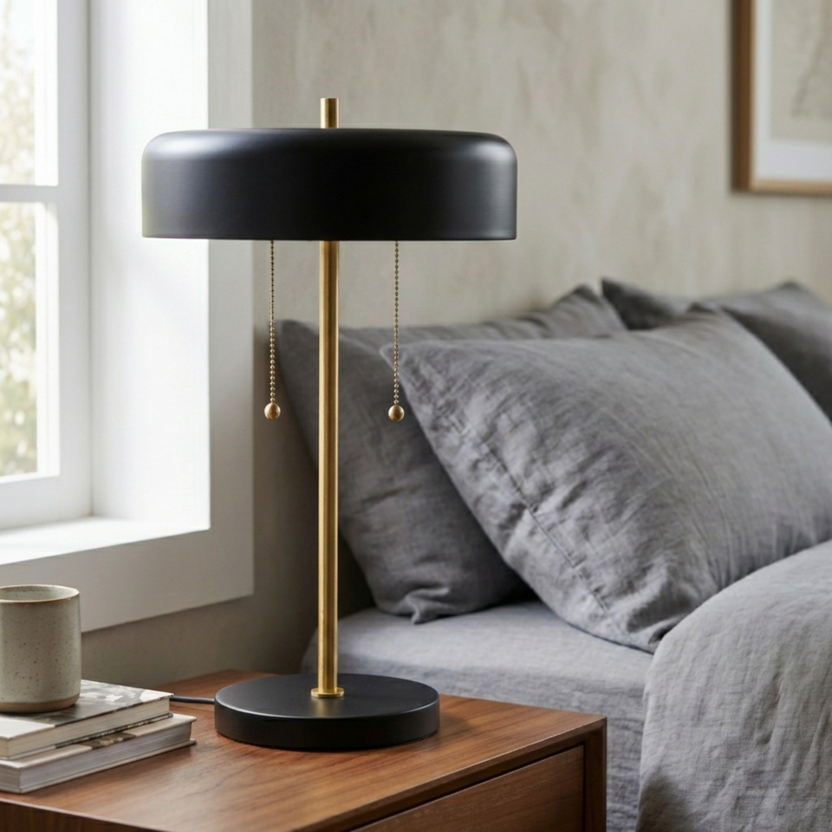 Obni Nordic Bedside Lamp, black shade, brass stem, pull chains by HouseOfZazla on Tampa Home & Garden Store