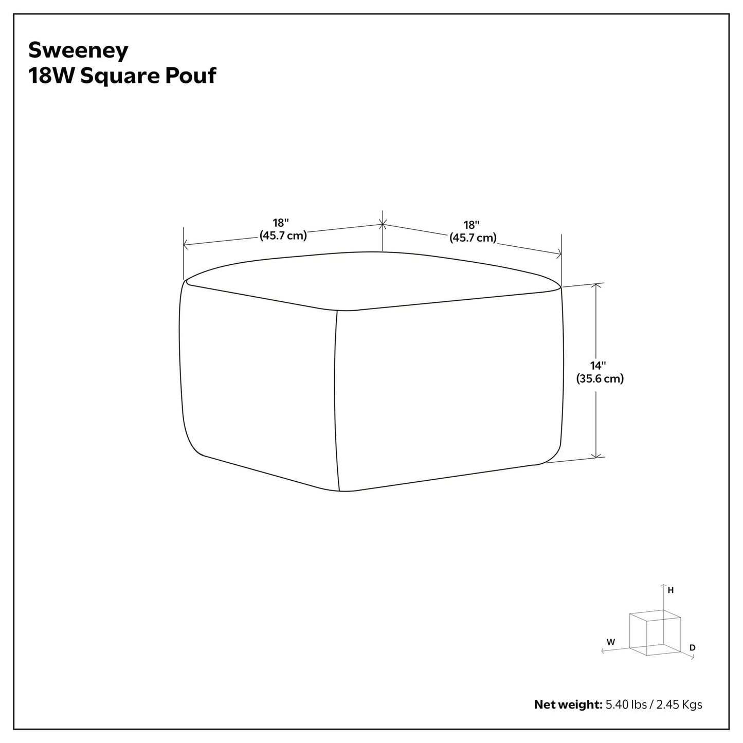 Sweeney upholstered square pouf line drawing 18in wide, 14in tall by Unique Piece Furniture on Tampa Home & Garden Store
