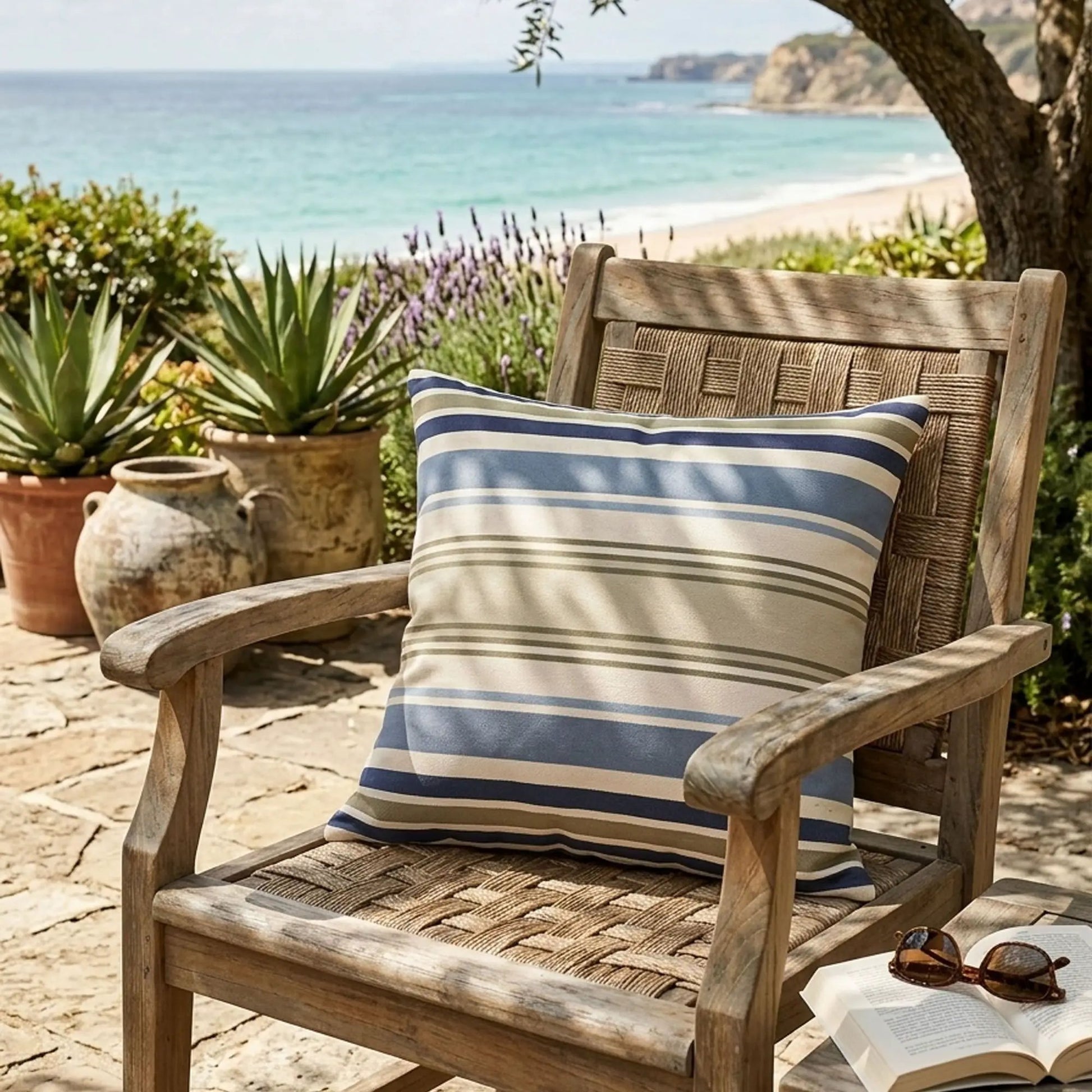 Outdoor Pillows set of 2 blue striped fabric on weathered wood chair by Unique Piece Furniture on Tampa Home & Garden Store