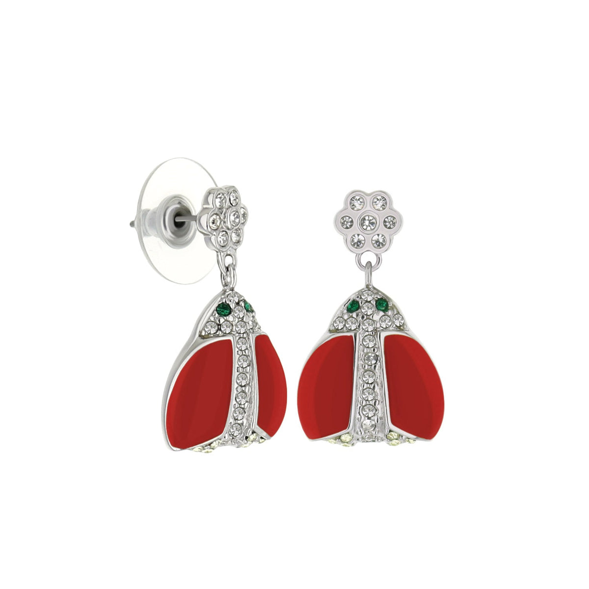 Pair of flower stud earrings with clear crystals; red enamel drops with crystal trim on Tampa Home & Garden Store