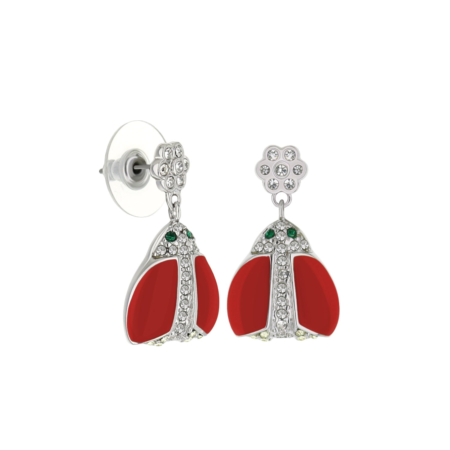 Pair of flower stud earrings with clear crystals; red enamel drops with crystal trim on Tampa Home & Garden Store