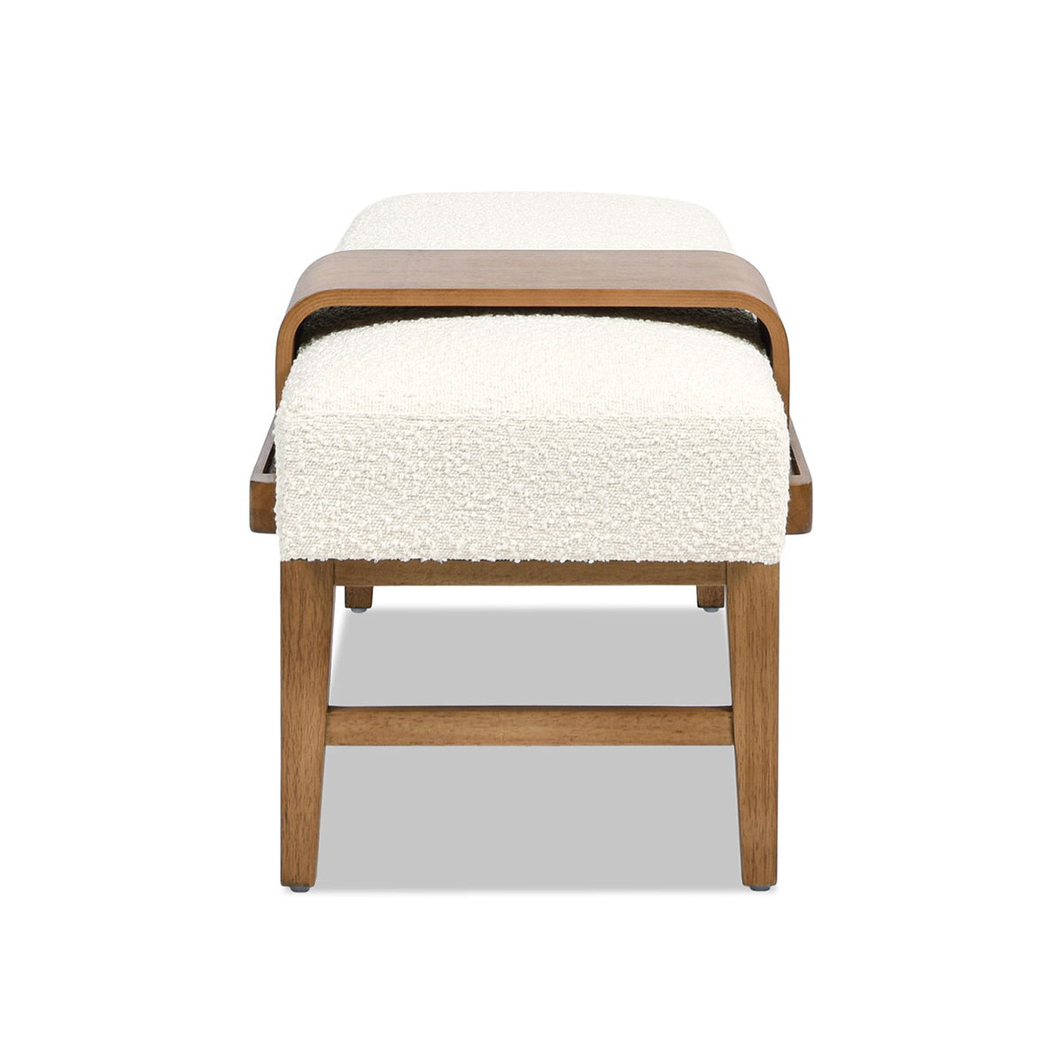 Modern telephone bench in ivory white boucle with curved wood frame and sliding shelf on Tampa Home & Garden Store
