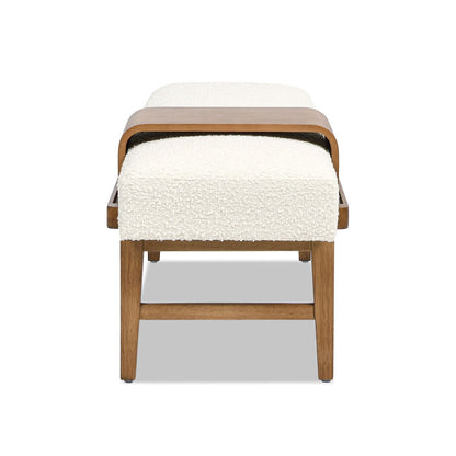 Modern telephone bench in ivory white boucle with curved wood frame and sliding shelf on Tampa Home & Garden Store