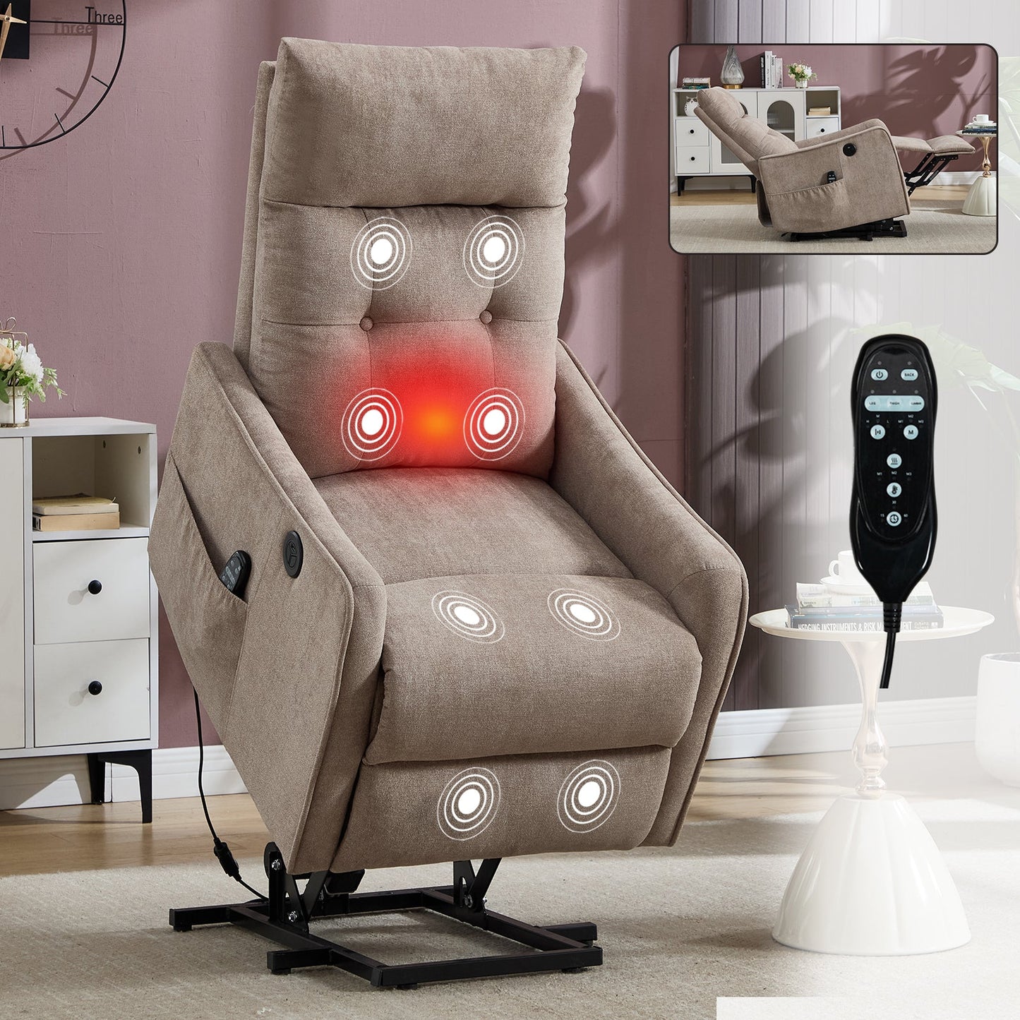 Power lift recliner chair in khaki chenille with massage and heat, includes handheld remote on Tampa Home & Garden Store