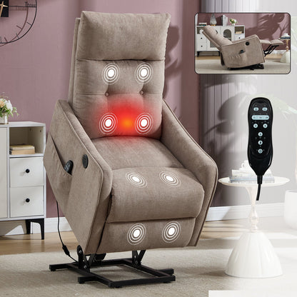 Power lift recliner chair in khaki chenille with massage and heat, includes handheld remote on Tampa Home & Garden Store
