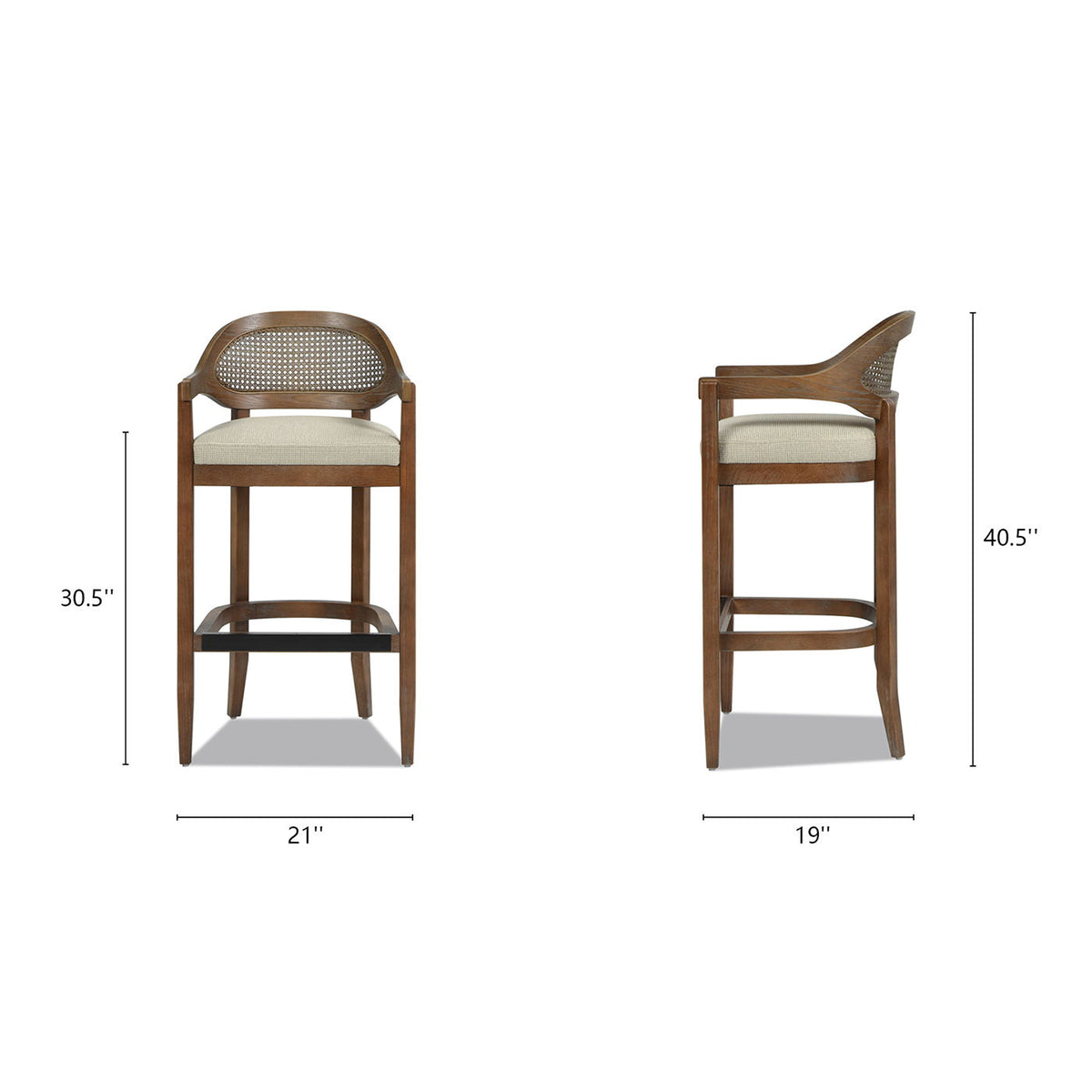 HouseOfZazla mid-century cane-back counter stool with beige cushion and wood frame, front view on Tampa Home & Garden Store