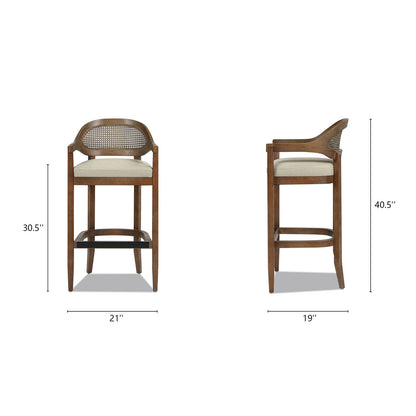HouseOfZazla mid-century cane-back counter stool with beige cushion and wood frame, front view on Tampa Home & Garden Store