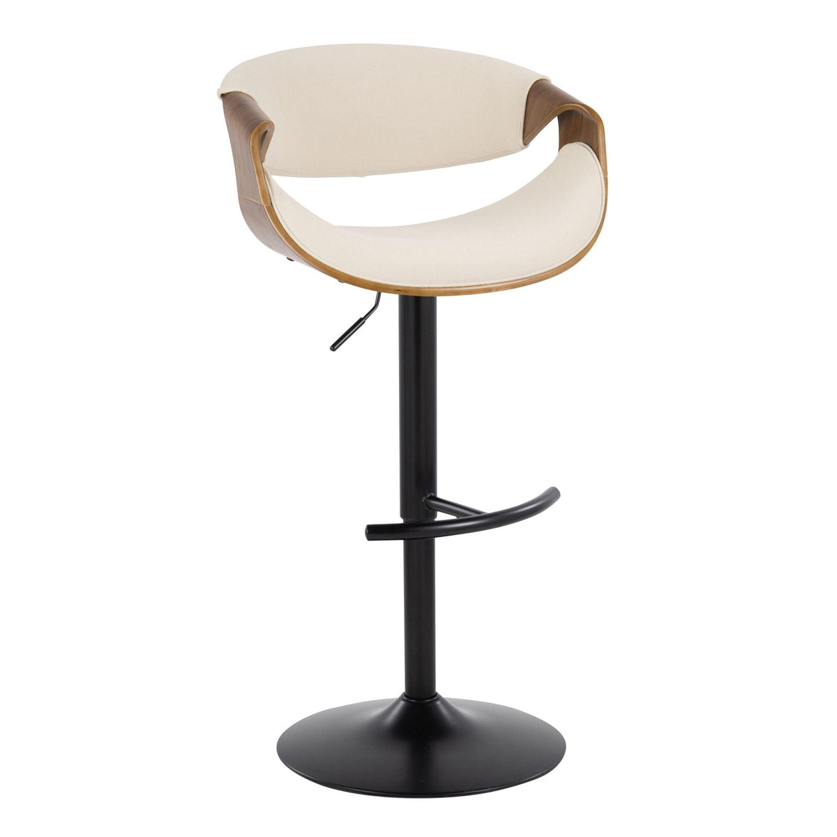 Mid century modern adjustable barstool with swivel beige upholstery and wood arms on Tampa Home & Garden Store