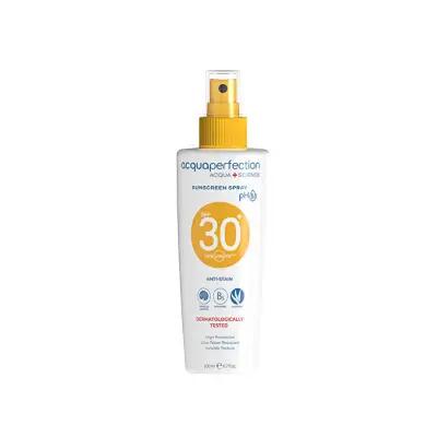 Acqua Perfection Sunscreen Spray by Beauty Care Bag, white bottle with yellow cap and SPF30 badge on Tampa Home & Garden Store