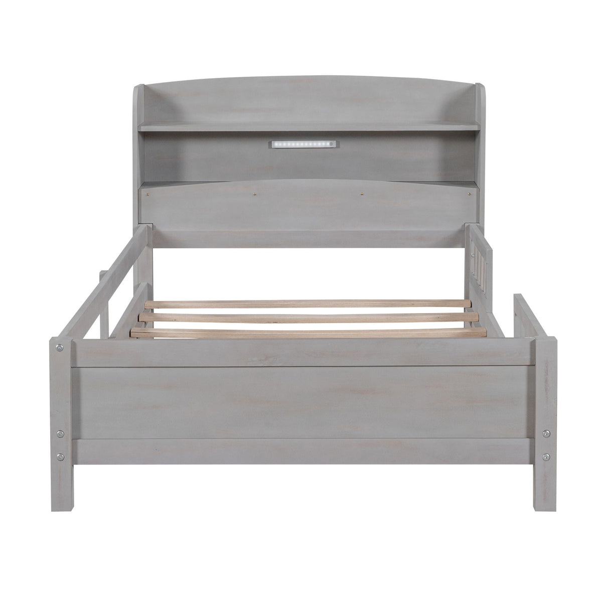 Gray wood platform bed with built-in LED light, storage headboard and guardrail by HouseOfZazla on Tampa Home & Garden Store