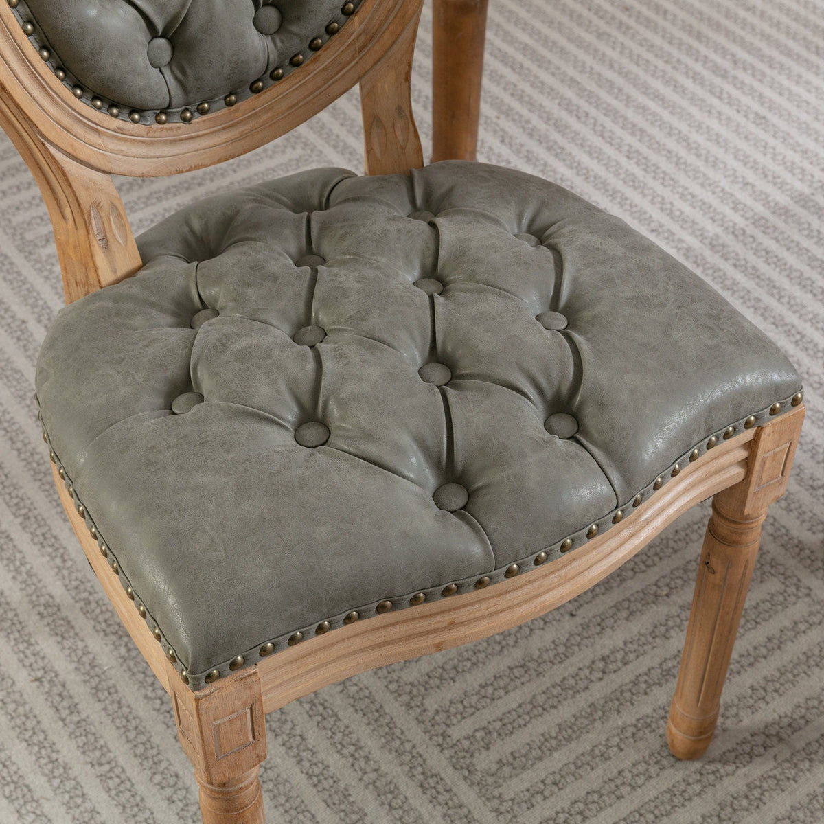 French style solid wood dining chair with grey tufted cushion and nailhead trim HouseOfZazla on Tampa Home & Garden Store