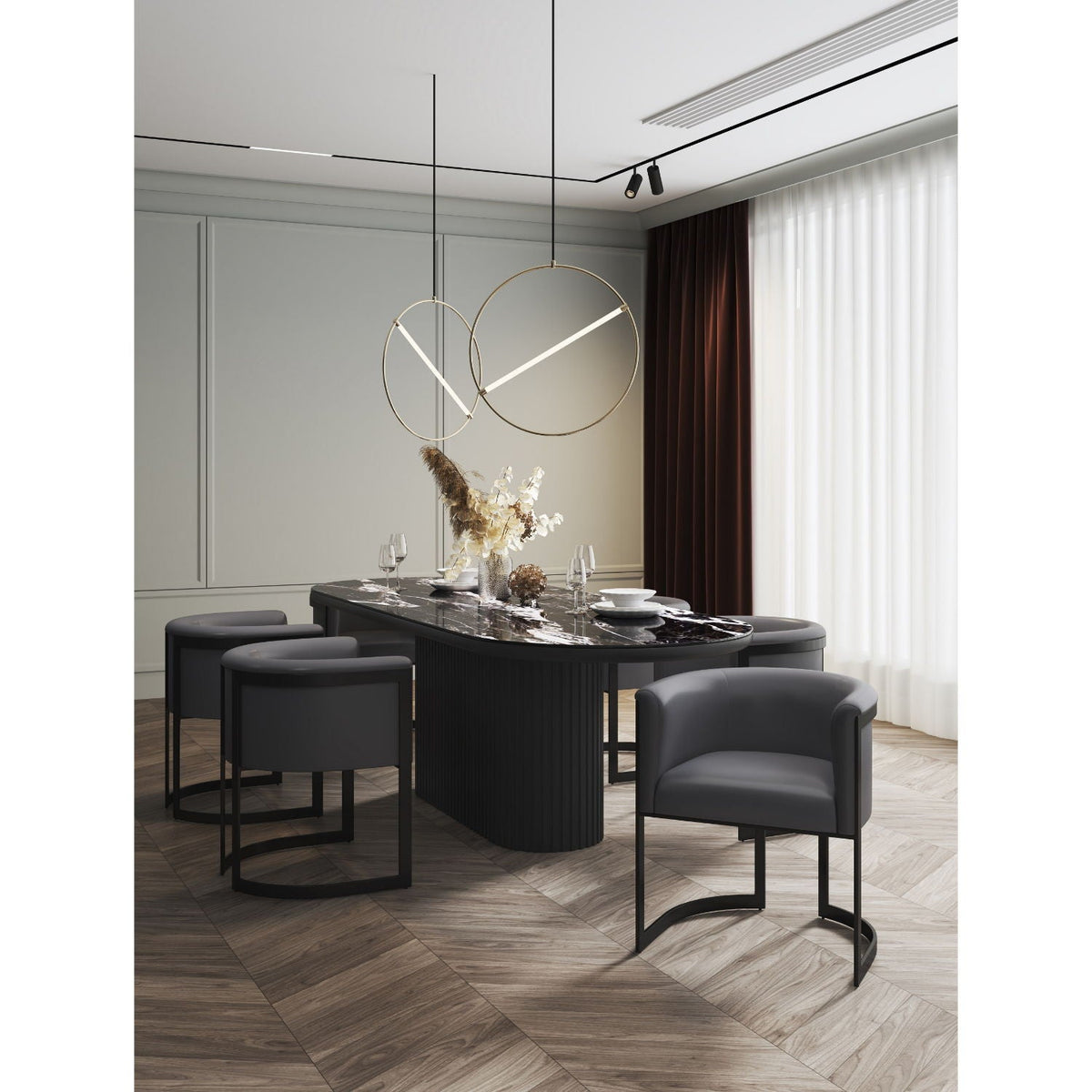 Corso dining chairs with modern black metal frame and dark gray upholstery on Tampa Home & Garden Store