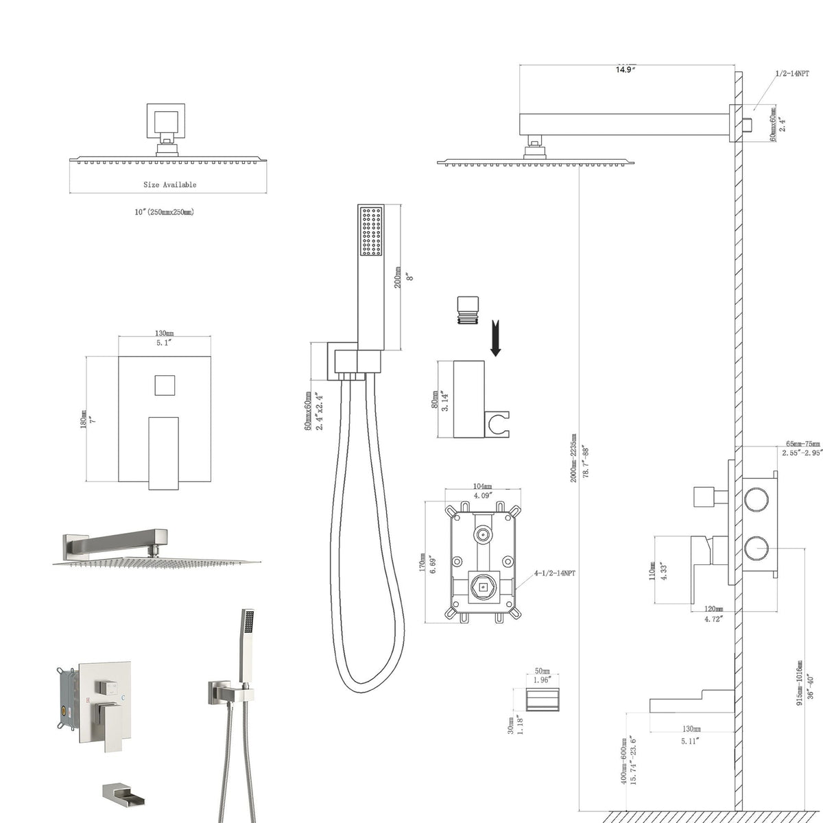 10-Inch Wall Mounted Square Shower System with Rough-In Valve in black/gray by HouseOfZazla on Tampa Home & Garden Store
