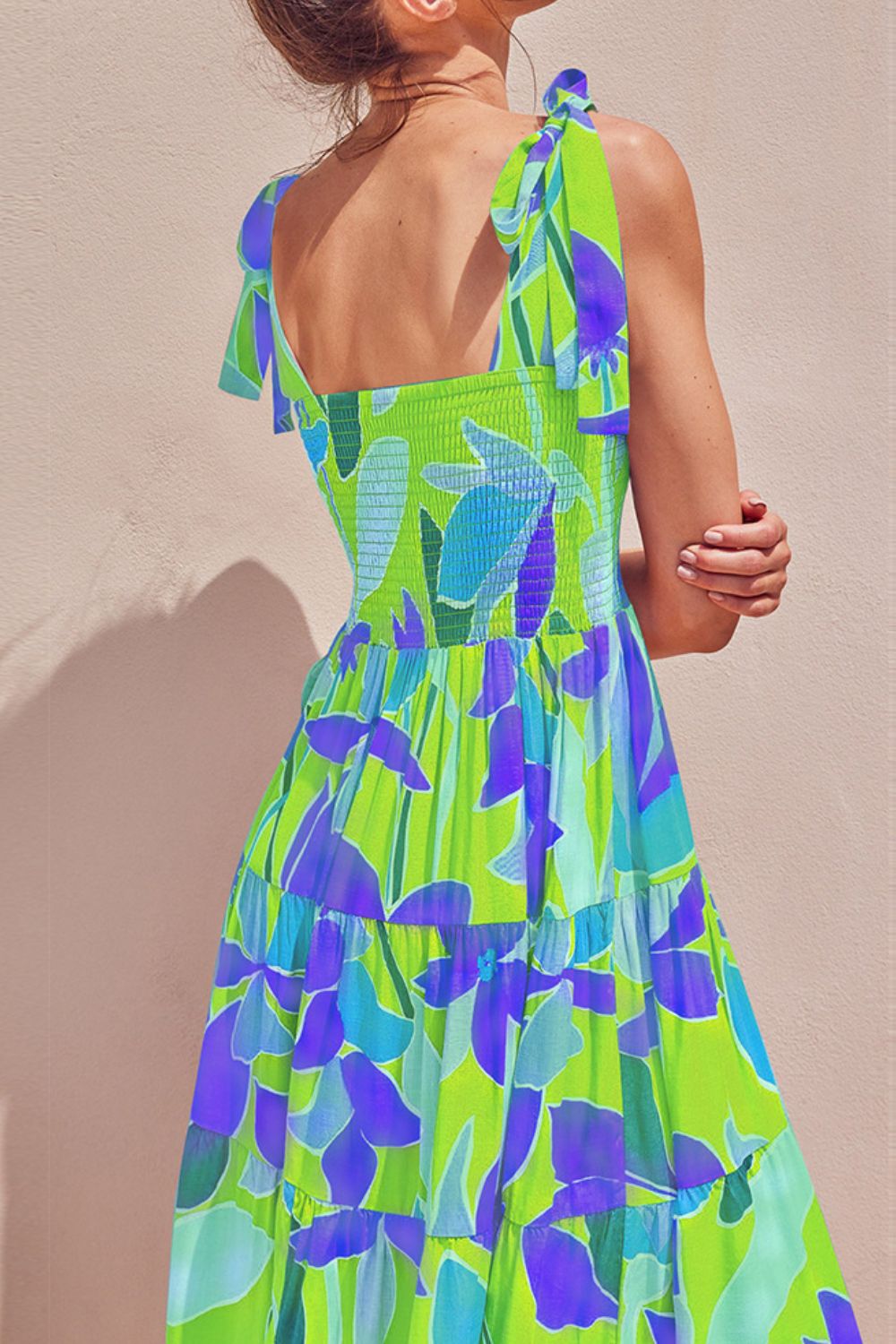 Long Floral Tie-Shoulder Smocked Midi Dress lime green, blue and purple by Stevvex on Tampa Home & Garden Store