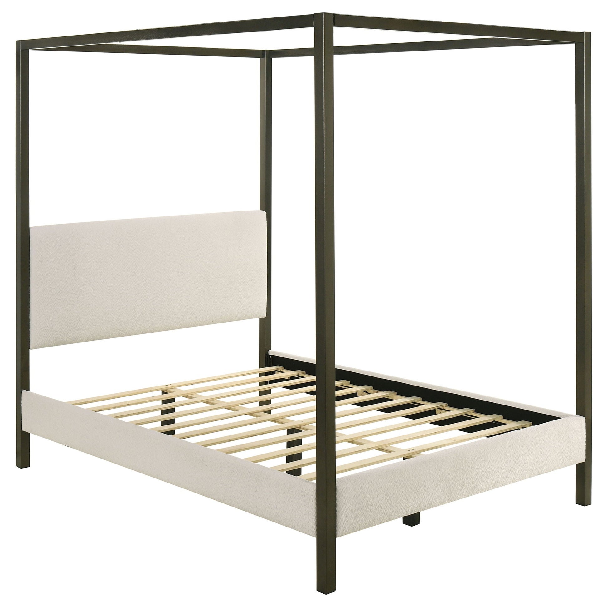 Mellie Canopy Bed by HouseOfZazla, dark metal frame with light upholstered headboard panel on Tampa Home & Garden Store